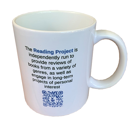 Back of Reading Project mug with the websites mission statement and QR-Code