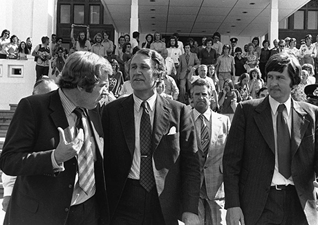 Malcolm Fraser outside Parliament House just after Gough Whitlam has been sacked