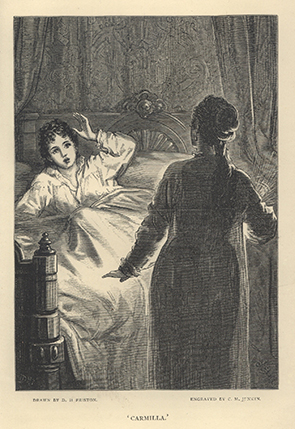 Illustration by D.H. Friston of Laura in bed, reacting in shock to discover Carmilla in her room, her back to us