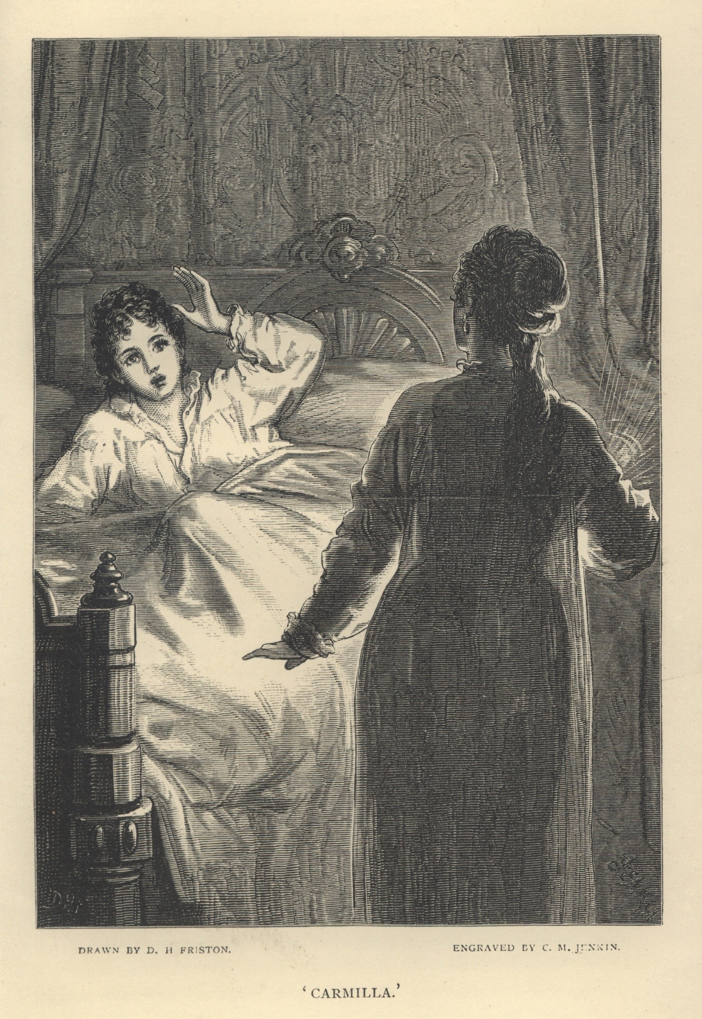 Illustration by D.H. Friston of Laura in bed, reacting in shock to discover Carmilla in her room, her back to us