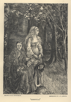 Illustration by Michael Fitzgerald of Carmilla and Laura in a wood as a funeral passes close by