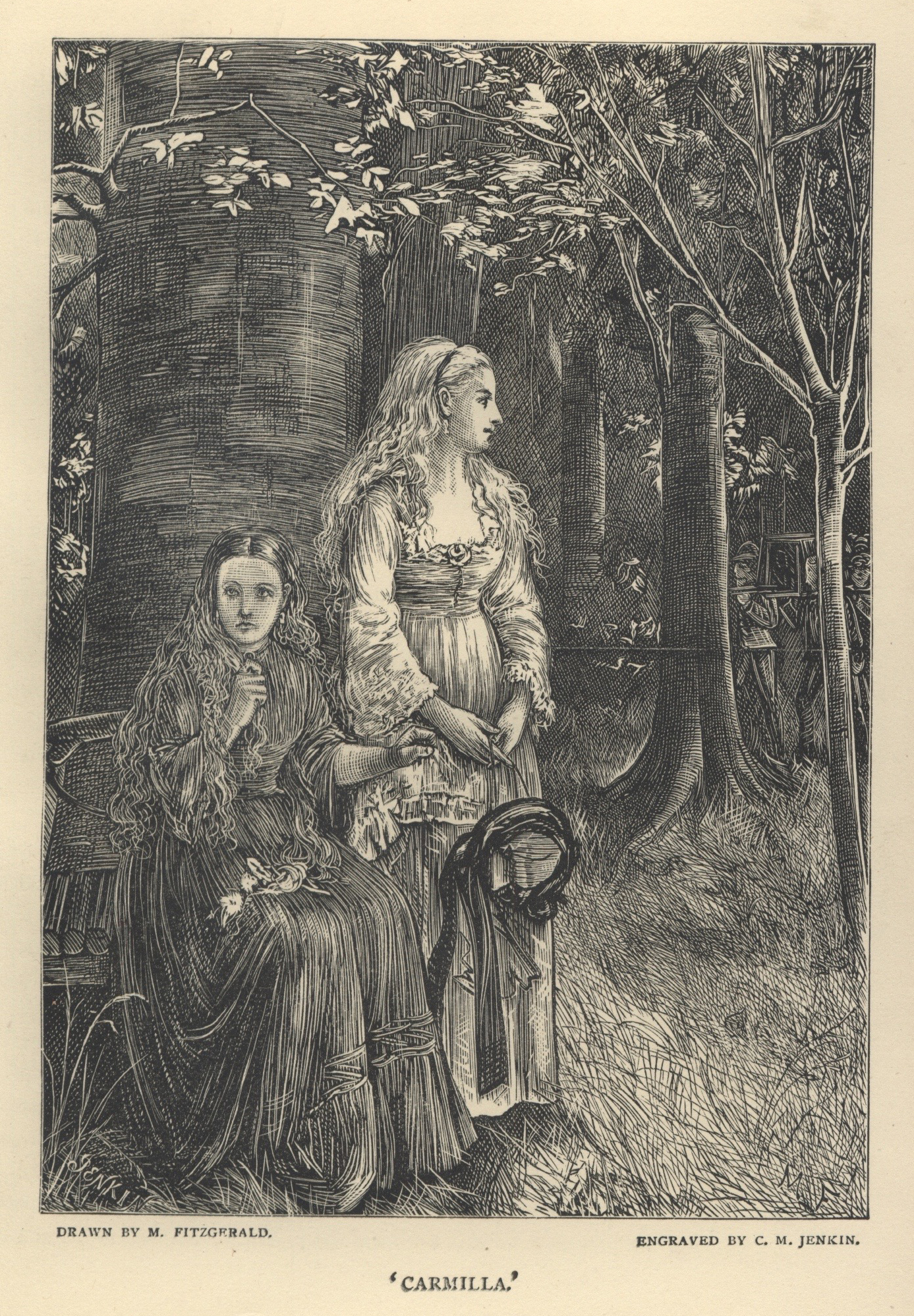 Illustration by Michael Fitzgerald of Carmilla and Laura in a wood as a funeral passes close by