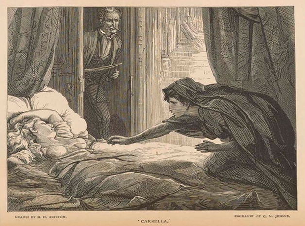 Illustration by D.H. Friston of Carmilla on a bed crawling towards a female victim