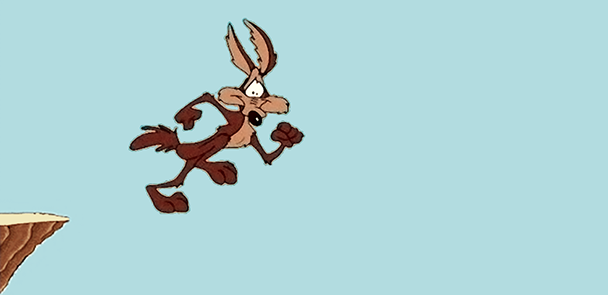 Standing in mid-air, Coyote realises he has run off a cliff