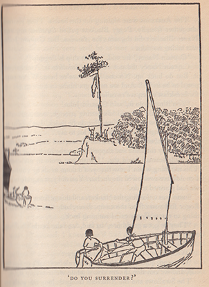 Arthur Ransome’s illustration of the children playing at pirates in their boat