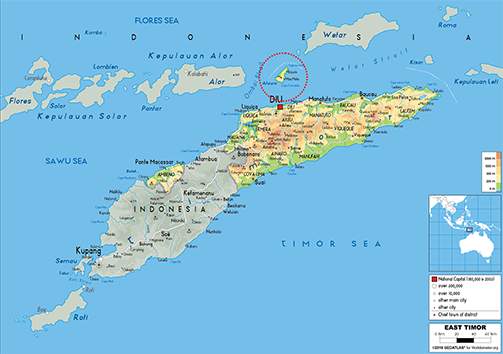 A map showing the location of Timor-Leste and Atauro circled