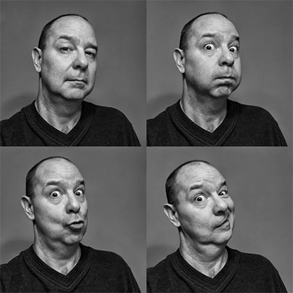 Four photos of John Scalzi with various facial expressions that suggest his quirky humour