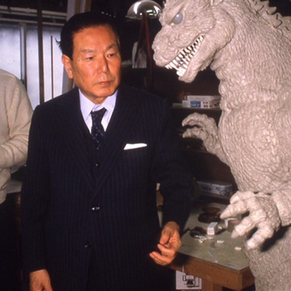 Tomoyuki Tanaka with a model of Godzilla