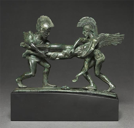 ‘Cista handle, Sleep and Death Carrying off the Slain Sarpedon, ’ - Etruscan, 400-380 BCE