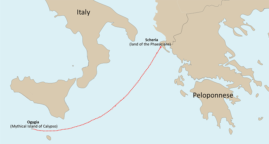 Odysseus' journey from Ogygia to Scheria