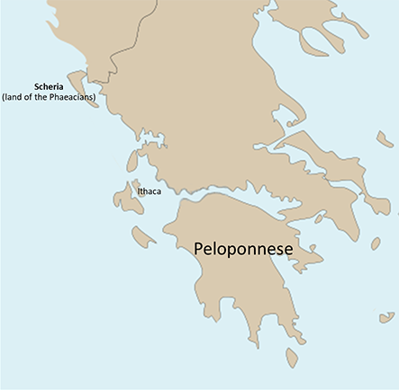 Map of Scheria in relation to Ithaca