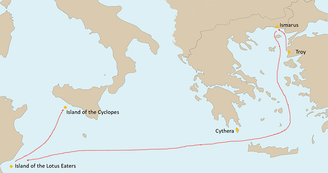Odysseus' journey from Troy to Ismaros, then to the island of the Lotus Eaters, and finally to the island of the Cyclopes