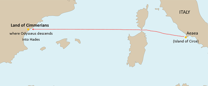 Odysseus route from Aeaea to the land of the Cimmerians where he descends into the Underworld