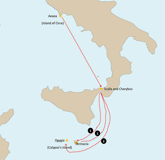 Map showing the route from Circe’s island through Scylla and Charybdis, onto Thrinicia and finally to Ogygia, Calypso’s island