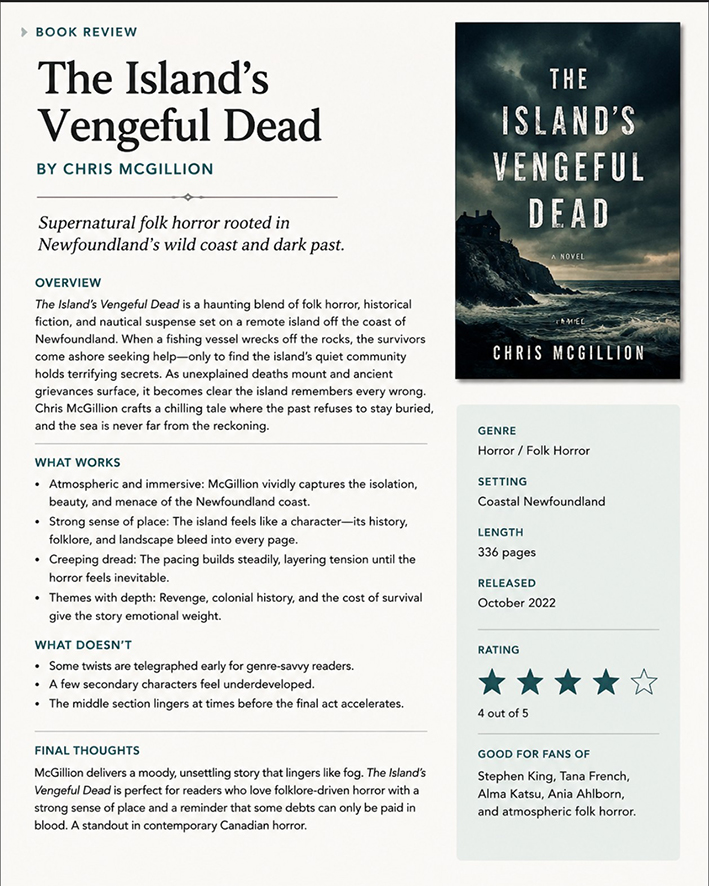 AI generated review of The Island's Vengeful Dead by Chris McGillion